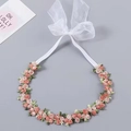 Girl's hairband featuring vibrant embroidered flowers and white organza ribbon bow - Korean Pink Flower Garland