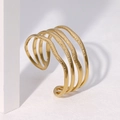 Wide gold plated stainless steel cuff bracelet with layered wavy hammered metal texture - Gold (SZ109)