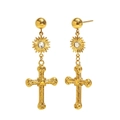 18K gold plated stainless steel cross drop earrings with sun-shaped gemstone stud - Gold