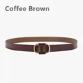 Minimalist coffee leather belt for women featuring a sleek gold rectangular buckle - Coffee