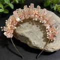Macro detail of natural pink quartz crown with golden wire flowers and rhinestones - Rose Quartz + Rose Gold Rhinestone Flower