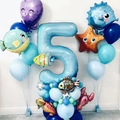 Ocean theme 5th birthday party decoration with giant blue number 5 and octopus balloon - Number 5