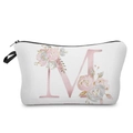 Close-up detail of watercolor floral letter M pattern on a white fabric cosmetic bag - Letter M