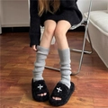 Detail of grey knitted leg warmers styled with black plush slippers on wood floor - Medium (Approx. 47cm) / Bulk (No Packaging) / Gray