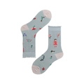 Light blue socks with embroidered girl, birds and flowers motifs on white background - 35-39 / Girl and Crane (Lace Edge)