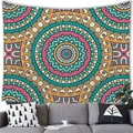 Detailed close-up of a bohemian mandala tapestry above a sofa in a cozy room - 100x70cm (Short Plush) / Orange Teal Yellow Mandala (33)