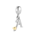 S925 sterling silver letter A pendant with gold heart detail for bracelets - Letter A