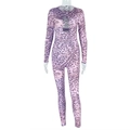 Detail showing purple leopard print fabric on a long sleeve backless bodysuit - S / Brown Leopard Print