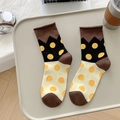 Women's cotton crew socks featuring trendy brown and yellow polka dots with rolled cuffs - Brown Black Beige