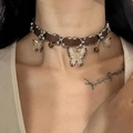 Brown leather choker with silver butterfly charms and metal rings in y2k punk style - Butterfly Pendant Necklace
