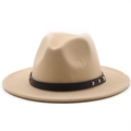 Detailed close-up of beige wool fedora hat featuring black leather band and silver rivets - M (56-58cm) / Beige