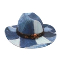 Western style patchwork denim cowboy hat with vintage brown leather skull hatband - Denim Patchwork Skull Decor / Light Blue