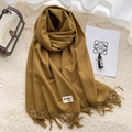 Soft ginger yellow cashmere-feel scarf with elegant fringes on beige plush background - 200*65cm / Dried Grass Green