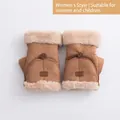 Women's brown suede flip-top mittens with faux fur trim and touchscreen function - Khaki
