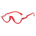 Chic red cat-eye semi-rimless glasses with rhinestone accents shown at 45-degree angle - Red