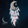 Pink and mint green moon dreamcatcher with crystal tree of life and delicate feathers - Ice Moon Firefly - Pink