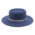 Detailed view of dark blue straw boater hat featuring silver rhinestone band and M logo - M (56-58cm) / Navy Blue