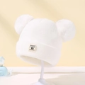 Bonnet d'hiver en tricot blanc pour bébé avec doubles pompons et revers élastique - Blanc