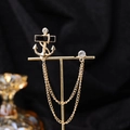 Vintage golden anchor brooch with black stone and rhinestones on double layer chain - Gold