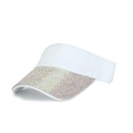 Detailed view of white sun visor hat with sparkling rhinestones along the brim edge - White