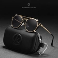 Retro round black and gold sunglasses with cross engravings and branded hard case - Gold Frame Non-mirror Black Lens C1
