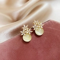 Elegant gold flower earrings with white zircon petals and a yellow cat-eye stone drop - 30# Gold Cat Eye Flower Earrings
