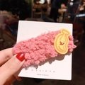 Pink teddy fleece rectangular hair clip with a yellow banana cartoon decoration - J-19-Yellow Banana
