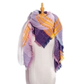 Knitted plaid triangle scarf in purple, orange and yellow with fringed edges - Deep Purple Plaid
