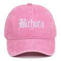 Detailed close-up of Bichota gothic embroidery on pink washed denim baseball cap - Pink