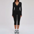 Three-piece black yoga set featuring a V-neck wrap top and slim cropped leggings - L / Top And Bottom / 2-Piece Set (Long Sleeve + Middle Pants) / Premium Black