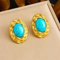 Retro oval stud earrings with turquoise inlay and gold-plated braided texture design - Oval Sky Blue Turquoise Style (E6205)