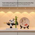 Cute panda figurine key holder with golden tray and peace calligraphy plate - Panda Raising Leg Storage + Peace & Joy Display Plate