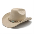 Detail of western cowboy hat featuring ethnic shell beads and suede texture finish - Light Camel