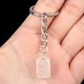 Pink quartz rectangular crystal keychain charm with silver metal link and keyring - White Crystal