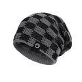 Winter checkered knit beanie with warm fleece lining and minimalist mountain patch - Gray