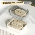 Set of 2 stackable double-layer soap boxes in cream white and grey with sealing lids - Double Layer Sealed / Cream White + Simple Grey
