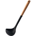 Deep black silicone soup ladle with natural wooden handle and hanging hole on white background - Black Soup Spoon (with Stand)