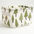 Collapsible cotton linen storage basket in cream white with green forest tree pattern - Triangle Tree