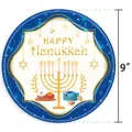 Hanukkah party paper plate 9-inch with Happy Hanukkah text, Menorah and blue gold design - 9 Inch Plate
