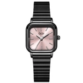 Orologio quadrato minimalista in acciaio nero con quadrante rosa spazzolato sole da donna - Cassa Nera Quadrante Rosa Cinturino Nero