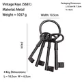 Vintage cast iron key set with four unique rustic keys on a ring and size dimensions - 5681 Four Keys with Ring Bundle