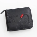 MenBense black trifold zipper wallet with textured finish and red woven label accent - Black