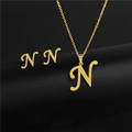 Detailed view of gold letter N pendant necklace and matching stud earrings set - Letter N / Gold