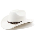 Close-up of white suede fedora with brown woven band and gold metal buckle detail - M (56-58cm) / Cream