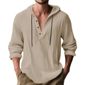 Detail of khaki linen hoodie shirt with three-button Henley neck and black drawstrings - Light Khaki