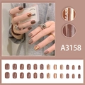 Short square press-on nails in cocoa brown and almond cream with wave patterns, 24pcs set - A3158 (With Glue)