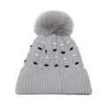 Close-up of ribbed knit texture and soft faux fur pom-pom on the grey beanie hat - M (56-58cm) / Gray