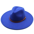 Royal blue wide brim wool fedora hat with brown leather belt and gold buckle for women - 57-59cm / Blue