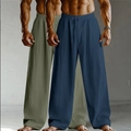 Men's loose linen-cotton blend pants in navy blue and olive green colors with drawstring - Green + Navy Blue
