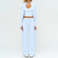 Three-piece light blue brushed yoga set with zip jacket, sports bra, and wide-leg pants - S / Top And Bottom / Jacket+Vest+Wide Leg Pants—Magic Blue